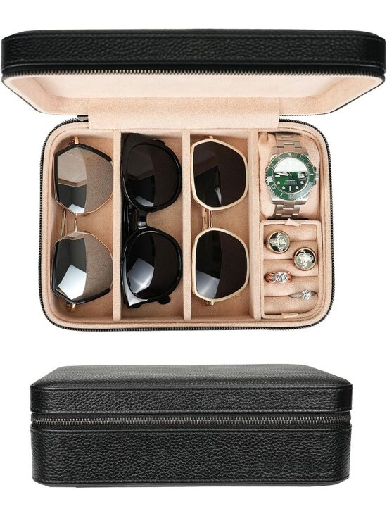 Accessories - 4 Slot Leather Sunglasses Travel Case - Eyeglasses & Jewelry Organizer for Men